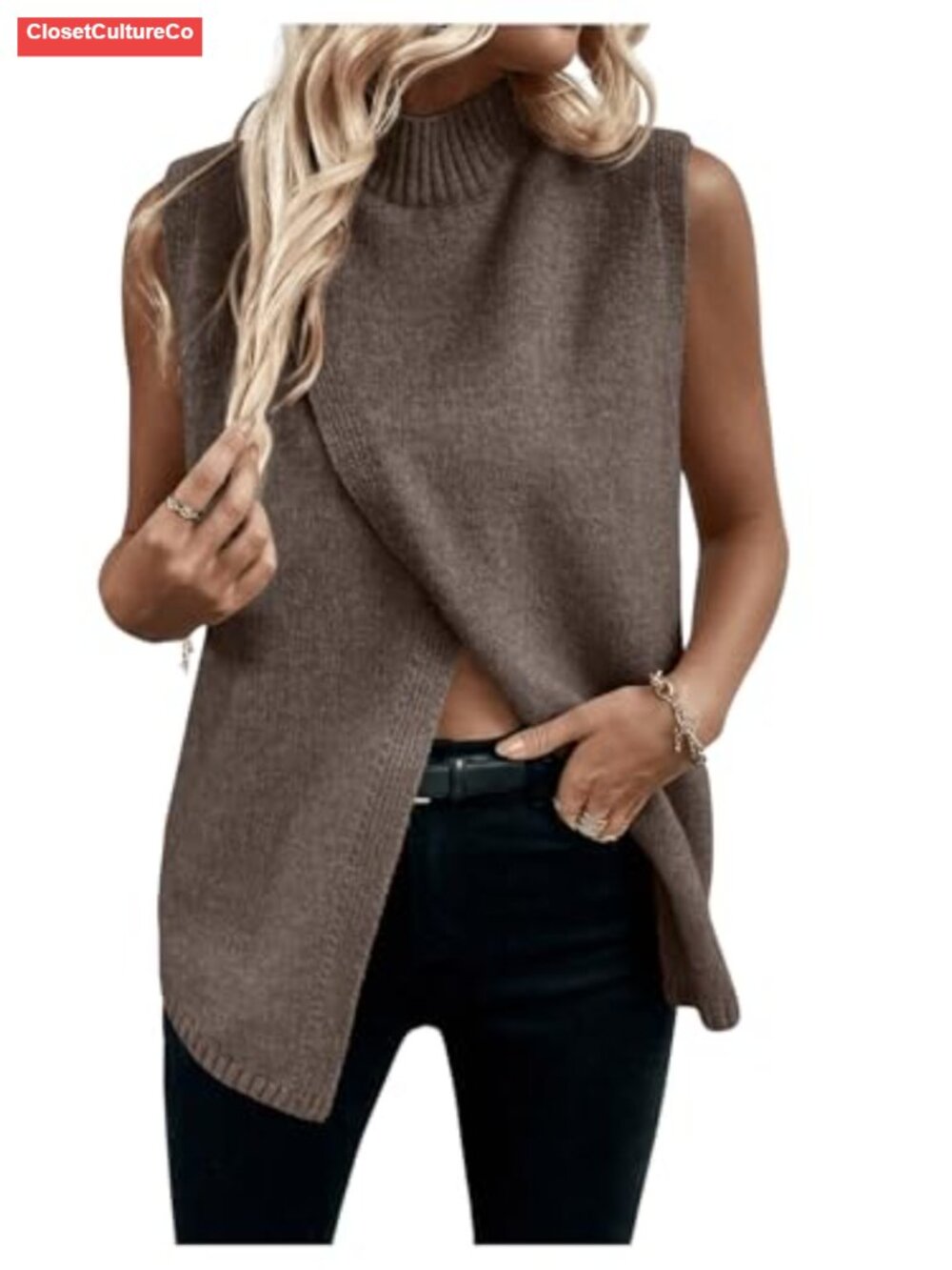 Sweater Vest Mock Neck Sleeveless Asymmetrical Hem Business Casual Knit